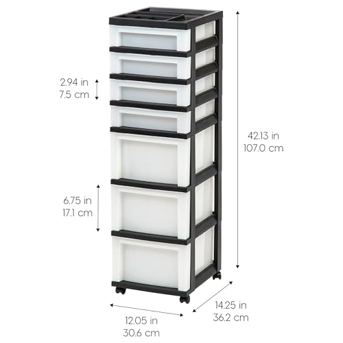 IRIS USA Plastic Drawer Storage Organizer Rolling Cart, with Wheels Casters, 2-Pack, 7-Drawers, for Classroom Art Craft Supplies Dresser Closet Bathroom Laundry Room, Black/Pearl - color: Black, size: 7 Drawer with Wheels - 2 Pack