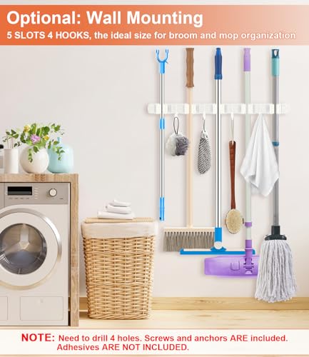 Broom Holder Over The Door Drilling Free Mop and Broom Holder with 4 Over Door Hook, Metal Mop and broom hanger Wall Mount Broom Storage Tool Organizer for Laundry Room Garage Bathroom - white - color: white