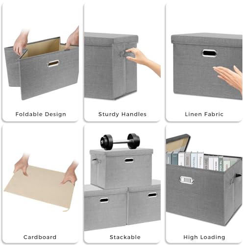 SNWDN 4 Pack Collapsible Fabric Storage Bins with Lids Fabric storage box with lids for closet organizers and storage (grey 14.6x10.6x10.2 inches) - color: grey, size: Medium（4-Pack 14.6*10.6*10.2 Inches）