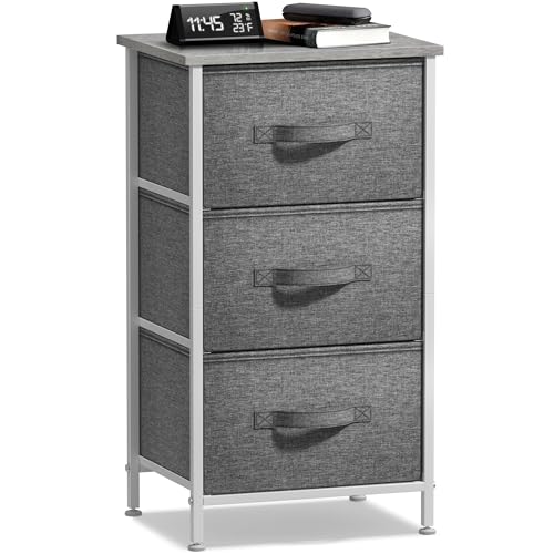 Sorbus Nightstand with 3 Drawers - Bedside Furniture & Night Stand End Table Dresser with Steel Frame, Wood Top, Easy Pull Fabric Bins for Home, Bedroom Accessories, Office & Dorm - color: Grey, style: 3 Drawer