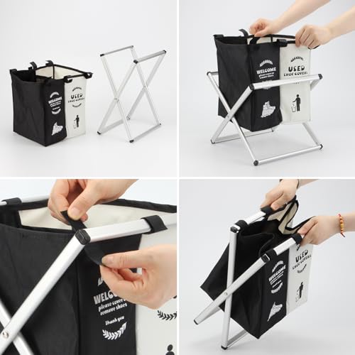 Foldable Disposable Shoe Cover Box Dispenser, Thickened Oxford Fabric Storage Bin Holder with Welcome Please Cover Your Shoes and Used Shoe Covers Sign for Open House Supplies(Black, White)