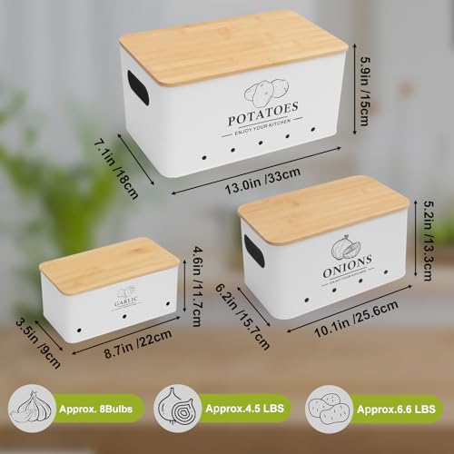Kitchen Vegetable Storage Set of 3, Metal Onion Garlic Potato Storage Set, Kitchen Canisters Vegetable Keeper Containers with Aerating Holes and Wooden Lid (White) - color: White