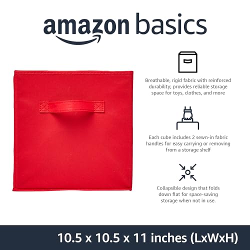 Amazon Basics Cube Organizer Storage Bins Handles, Collapsible Fabric, 10.5"x10.5"x11", Red (Pack of 30) - color: Red, size: 10.5"x10.5"x11" (Pack of 5)