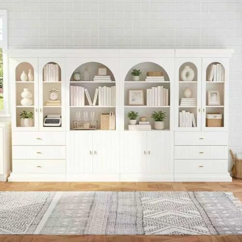 71" Modern Tall Bookcase and Bookshelf, Modern Storage Combination for Home Office or Study,and Living Room with Glass Door and Open Shelf Cabinets, White with Gold Handles, 4 of Set