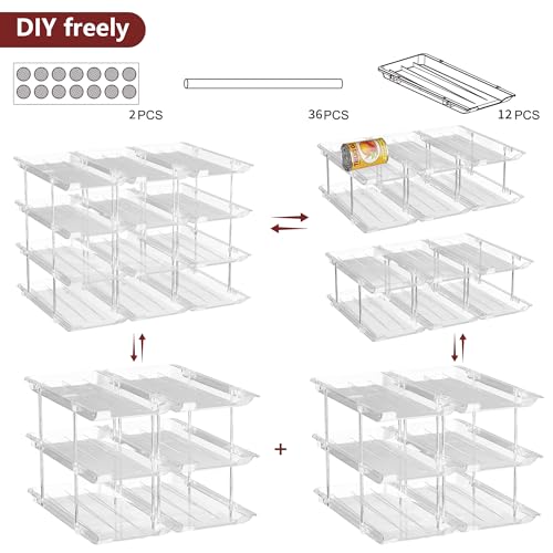 Attelite Can Organizer for Pantry, 6 Sets 3Tiers Can Storage Organizer Pantry, Soda Can Organizer for Fridge 72 Cans Rack Automatic Rolling Stackable Canned Food Organizer,Clear - size: 3tier*6sets