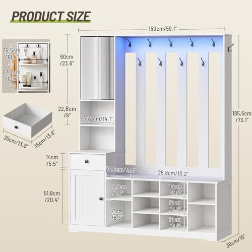 Hall Tree with Bench and Shoe Storage, 59.1" Farmhouse Entryway Bench with Coat Rack and Fabric Drawer, 11 Coat Hooks and 10 Shoe Cubbies, LED Lights, Rotating Mirror with Shelves, White