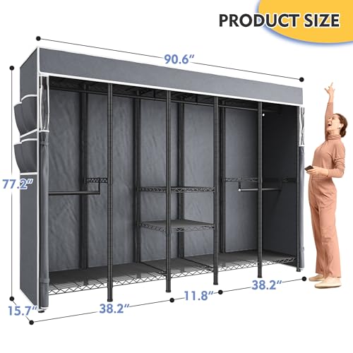 Raybee 90.6" W Extra-Large Clothes Rack with Cover, Freestanding Clothing Racks for Hanging Clothes, Heavy Duty Closet Organizer System, Portable Wardrobe Closet, Adjustable Garment Rack, Black - color: Black, style: WITH COVER