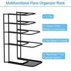Toplife Heavy Duty Pan Organizer, 5 Tier Pot and Pan Organizer Rack for Cast Iron Skillets, Griddles and Pots - Sturdy Steel Construction- No Assembly Required - Black