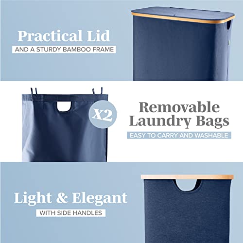 LONBET Laundry Basket with Lid, Made from Breathable Fabric | Aesthetic Clothes Hampers for Laundry with Side Handles & Sturdy Bamboo Frame (40 Gallons - Double, Blue) - color: Blue, style: 40 Gallons - Double