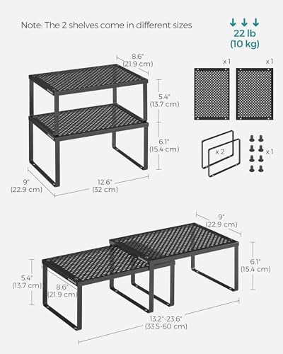 SONGMICS Spice Racks, Set of 4 Metal Cabinet Shelf Organizers, Countertop Organizers, Shelf Risers, Stackable, Expandable, Ink Black UKCS006B01 - color: Ink Black
