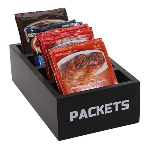 BSTKEY Seasoning Packet Organizer, Food Packet Storage Organizer with 4 Compartments, Black Wooden Storage Caddy for Kitchen Pantry Cabinet, Farmhouse Kitchen Organization Bin for Snacks Spice Packets - color: Black