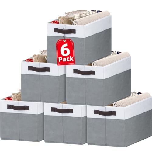 Criusia Closet Organizers and Storage Baskets - 6 Pack Shelf Organizer Bins with Handles - Clothes Storage Bins for Bedroom Nursery Home Closet Organization - Blanket Toy Storage Organizer - color: White with Grey, size: 6pcs - Rectangular 14"x10"x9.5"