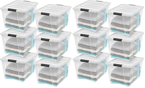 IRIS USA 12-Pack 54 Quart Stackable Storage Bins with Lids [Made in USA] - Everyday Organizer Latching Clear Plastic Organization Containers Closet Bedroom Shelving Units Home Storage - Clear/White - color: Clear/White, size: 54 Qt, style: 12 Pack