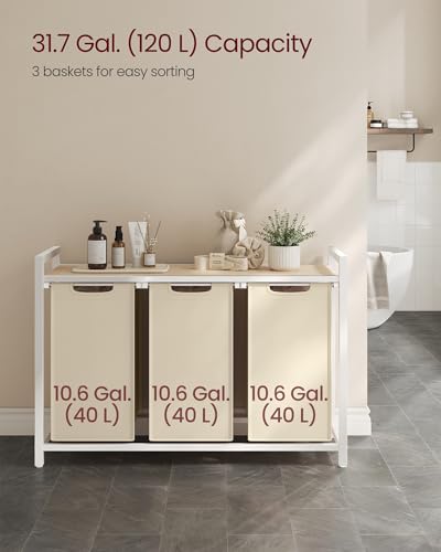 VASAGLE Laundry Hamper, Laundry Basket Sorter with 3 Pull-Out and Removable Bags, Shelf, Metal Frame, 3 x 10.6 Gallons (40 L), 36.4 x 13 x 28.4 Inches, Cappuccino Beige and Natural Beige UBLH301LH01 - color: Cappuccino Beige + Natural Beige, size: 3 Bags