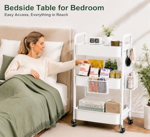 3 Tier Rolling Cart Metal with DIY Pegboard, White Rolling Cart on Wheels for Art Supply Organizer, Three Tiered Craft Organizers and Storage Cart, Utility Hobby Carts for Baby Diaper Caddy,Nail,Book - color: White, size: 3 Tier+Pegboard+Cups+Hooks