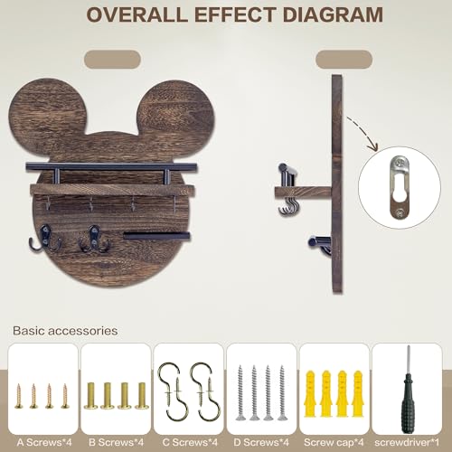 AIRPOP Key Holder for Wall–Mouse Wooden Mail Organizer Wall Mount with Shelf and 6 Hooks, Easy Installation Key Rack Hanger for Entryway Living Room Home Decor (Brown) - color: Brown