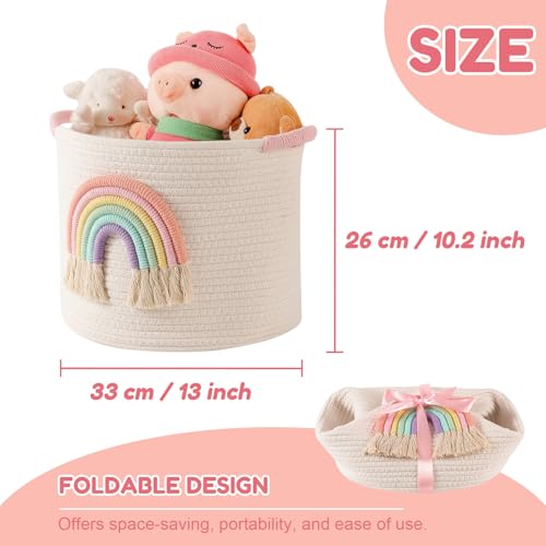 INough Toy Storage Baskets Woven Cotton Rope Storage Basket with Rainbow Decor for Kids, Blanket Baskets for Living Room Toys Organizer Rainbow Baby Gifts Basket with Handle for Girls Nursery Playroom - color: Multicolored