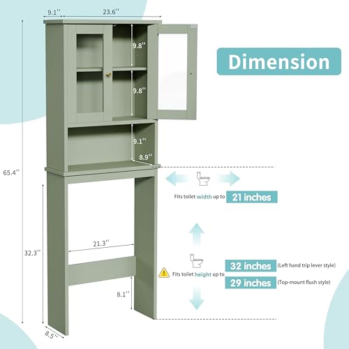 Shintenchi Over the Toilet Storage Cabinet, Bathroom Shelf Organizer with Anti-Tip Device Small Freestanding Space Saver with Adjustable Shelf and Glass Door, Green - color: Green, size: Glass Door