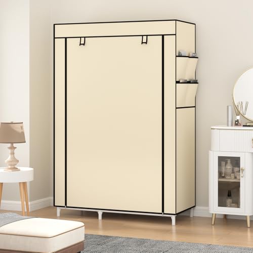 Calmootey Portable Closet Organizers, Clothing Storage, Wardrobe with 6 Shelves and Hanging Rod, Non-Woven Fabric Cover with 4 Side Pockets, Beige - color: Beige