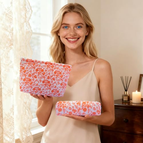 3 Piece Orange Quilted Floral Makeup Bag Set Small Cosmetic Bag For Women Cute Cotton Makeup Pouch For Purse - color: New 3Pcs orange