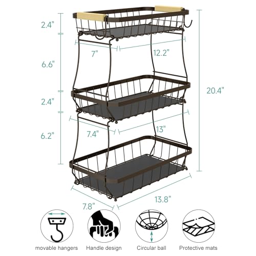 Sevenblue 2 Tier Large Fruit Basket for Kitchen Counter with 2 Mobile Banana Hangers, 2026 Pro Detachable Metal Fruit Bowl with Wooden Handle (Brown, 3 Tier) - color: Brown, size: 3 Tier