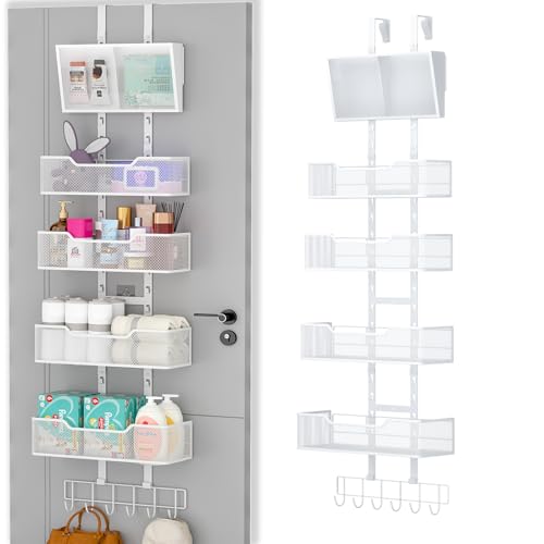 Hongtamoya Adjustable Over The Door Organizer, Hanging Door Storage with PVC Pocket and 4 Metal Baskets Wall Mount, Closet Door Organizer Behind Door Rack for Bathroom Bedroom Closet, White - color: White