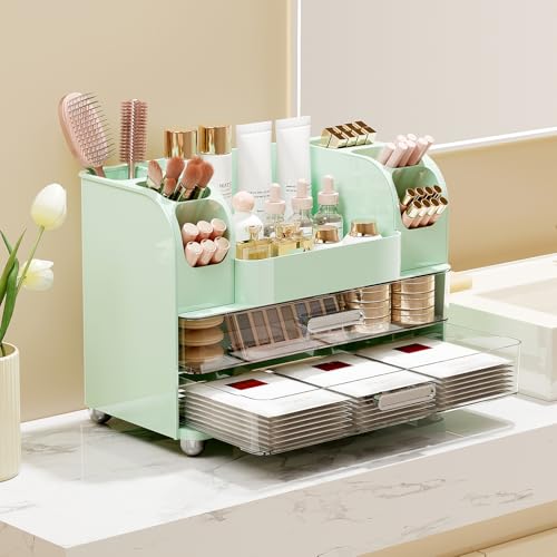 Makeup Organizer for Vanity with 2 Large Drawers, Cosmetic Display Case with Brush Holders, Easy to Storage for Bathroom Countertop Skincare, Perfume, Green - color: Green