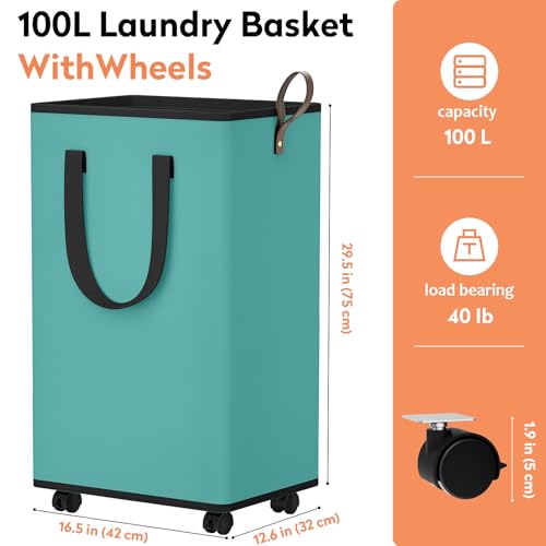 SpaceTrove Laundry Basket with Wheels, Collapsible Laundry Baskets, Laundry Hamper with Handles Detachable Wheels, Rolling Laundry Basket, Dirty Clothes Hamper for Bathroom, Dorm, Bedroom, Green, 100L - color: Green, size: 100L
