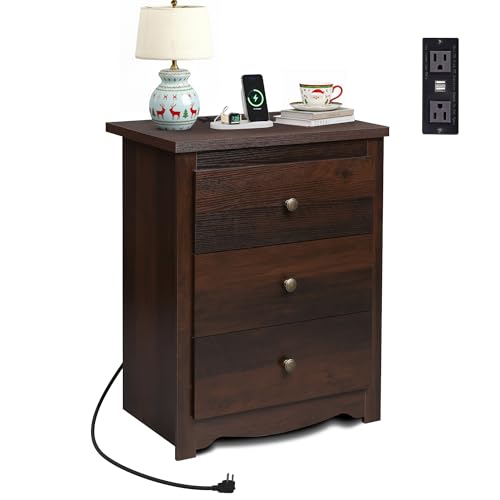 WLIVE Tall Nightstand with Charging Station, Wood Night Stand with 3 Drawers Storage, Bedside Table End Side Tables with 2 USB Ports and Outlets for Bedroom, Closet, Espresso - color: Espresso