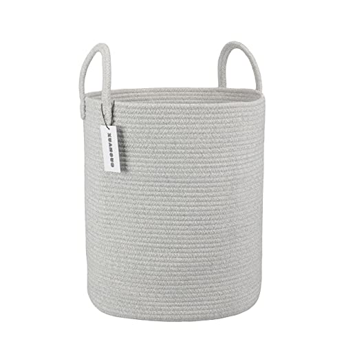 XUANGUO Cotton Rope Laundry Basket Hamper for Clothes Woven Storage Basket for Living Room Bedroom Boho Tall Rope Baskets for Blanket Toys Pillow Towels Baby Nursery Hamper Bin Large light grey - color: light grey, size: Regular