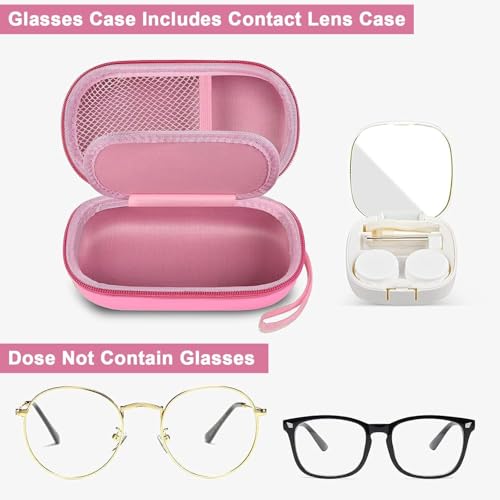 GWCASE Portable 2 in 1 Contact Lens Case and Glasses Case, Traveling Cases Bag Box Holder with Soak Storage Kit Included Built-in Mirror, Tweezer, Contact Lens Solution Bottle and Hand Strap-Pink - color: Pink