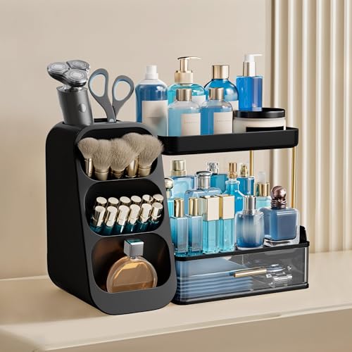 HBlife Bathroom Organizers and Storage with Brush Holder for Vanity, 3 Tier Plastic Makeup Organizer for Dresser Counter, Skincare, Lipstick, Perfume, and Cosmetic Storage, Black - color: Black, size: Medium