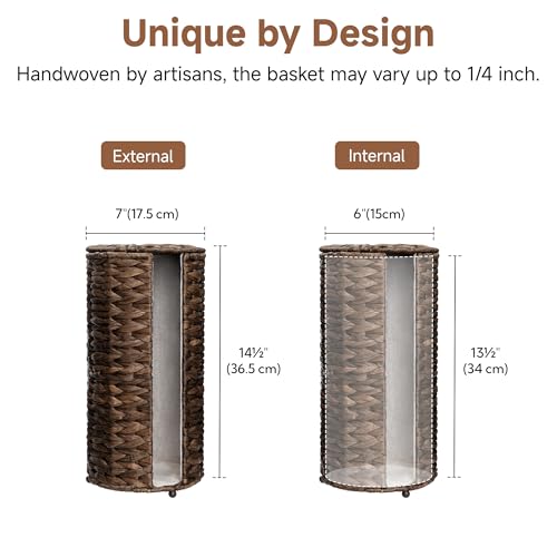StorageWorks Free Standing Wicker Toilet Paper Holder Stand for Bathroom Storage, Decorative Water Hyacinth Toilet Paper Storage with Lid, 3 Rolls of Tissue Holder with a Built-in Cloth Lining, Brown - color: Brown（water Hyacinth）, size: 6¾"D(For 3 Roll)
