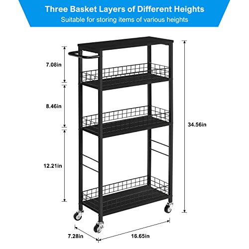 YBING Slim Storage Cart Kitchen Rolling Utility Cart on Wheels 4 Tier Mobile Narrow Cart with Wood and Metal Handle Slide Out Storage Shelving Unit Cart for Kitchen Living Room Small Places Black - color: Black