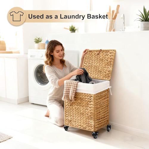 Rolling Laundry Hamper with Lid, Natural Water Hyacinth Basket with Removable Liner, Wheel or Non-Slip Installation Laundry Basket for Home Use (Natural, 65L) - color: Natural, size: 65L