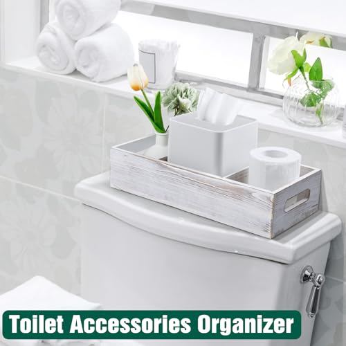 14 Inch Farmhouse White Bathroom Basket with Removable Dividers - 3 Comparments Wood Toilet Paper Basket for Back of Toilet Tank Topper - White Storage Organizer for Bathroom Pantry Organization - color: Rustic White