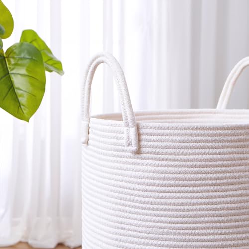 60L Pure White Woven Hamper Laundry Basket Cotton Rope Blanket Basket for Living Room 15Dx20H inches Tall Clothes Hamper for Baby Nursery Kids in Bedroom Large - color: White, size: Large (60L)