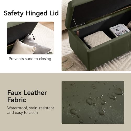WUTUTUEE 51" Faux Leather Storage Ottoman, Stitch Tufted Rectangle Upholstered End of Bed Storage Bench, Entryway Large Couch Ottoman with Wooden Legs,Green - color: Green, size: 51 Inch