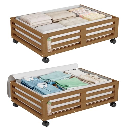 Wisuce Bamboo Under Bed Storage Containers- Underbed Organizer with Wheels with Dust Bag,Sturdy Wood Rolling Under the Bed Shoe Storage Organizer Drawers (Brwon, 2 Pack (23.62"×16.54")) - color: Brwon, size: 2 Pack (23.62"×16.54")