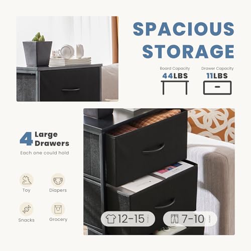 DUMOS Nightstand with 4 Drawers Bedside Table with Removable Fabric Bins Sturdy Steel Frame Wood Top Organizer Furniture for Bedroom Closet Living Room - color: Black, size: 11.8"D x 17.7"W x 37.4"H (4 Drawers)