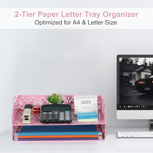 EasyPAG Paper Organizer for Desk 2 Tier Stackable Paper Tray for A4 Legal Size Folders Metal File Storage Desktop Organizer for Home Office School Teacher, Pink - color: Pink