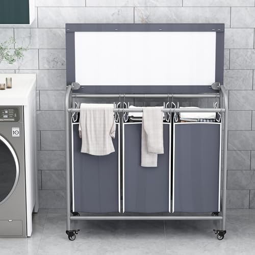 LINZINAR 3 Bag Laundry Basket Sorter Heavy Duty Rolling Lockable Wheels Laundry Hamper Cart with Ironing Board and Removable Bags, Grey - size: 3 Bags Grey with Board