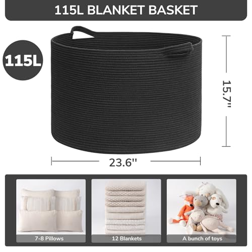 INDRESSME 115L Extra Large Black Blanket Basket, Dog Toy Bin Shoe Baskets Toy Box Organizer for Kids Decorative Laundry Basket for Home & Living Room, Black - color: Black, size: 23.6"D x 15.7"H
