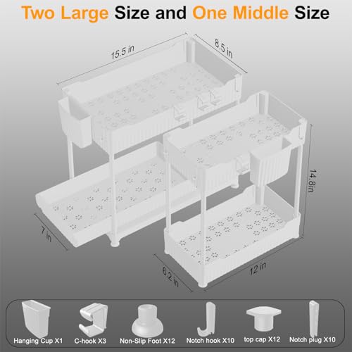 Sevenblue 3 Pack Under Sink Organizers, 2-Tier Multi-Use Kitchen and Bathroom Organizers and Storage with Sliding Drawers, Bathroom Cabinet Organizer (White, 14.8 Inch) - color: White, size: 14.8 Inch