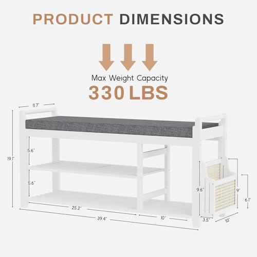 Homaxy 2-Tier Shoe Rack Bench with Side Holder, 39.4 in Bamboo Entryway Bench, Shoe Rack Organizer with Cushion for Front Entrance, Hallway Living Room Bedroom, White and Dark Grey - color: White and Dark Grey, size: 39.4 in