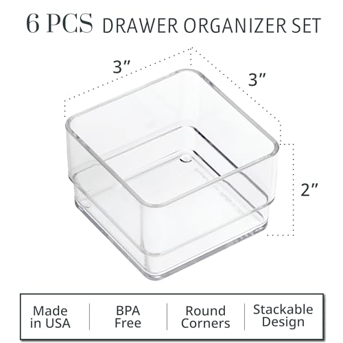 STORi SimpleSort 6-Piece Stackable Clear Drawer Organizer Set | 3" x 3" x 2" Square Trays | Small Makeup Vanity Storage Bins and Office Desk Drawer Dividers | Made in USA - size: 3x3x2" (Set of 6)