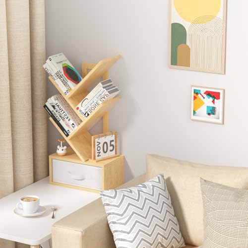 SHEEPAM Small Book Shelf with Drawer,4 Tier Black Tree Bookshelf,Wooden Desktop Bookcase,Modern Desk Display Storage Bookshelves,Floor Standing Organizer Bookcases for Living Room,Bedroom,Office - color: Natural, size: 4 Tier