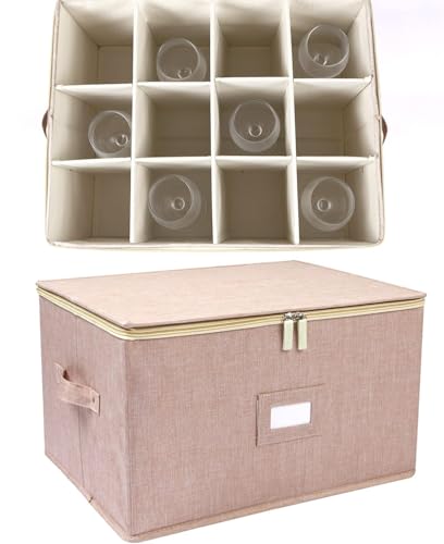 popoly Wine Glass Storage Box 2 Pack, Stemware Storage Containers Cases with Dividers, Stackable Moving Supplies for 24 Wine Glasses, Drinkware, Glassware or Crystal, (Beige) - color: Beige 2PACK