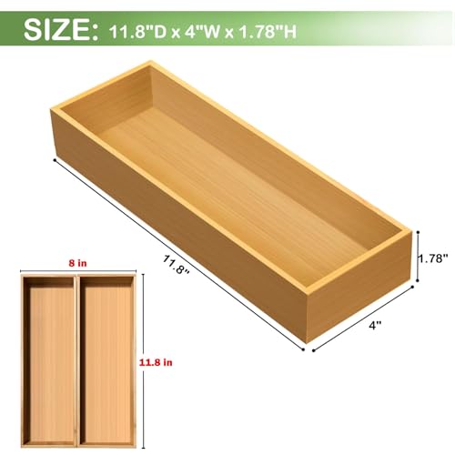 guiogc Bamboo Drawer Silverware Organizer, Utensil Organizer, Bamboo Storage Box Wood Silverware Tray for Drawer Set of 2 - size: 11.8" x 4" x 1.78"