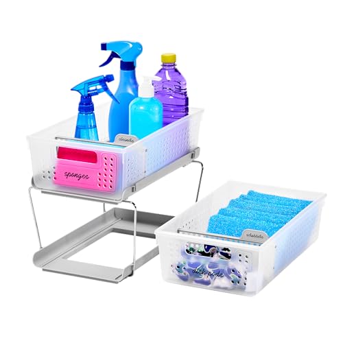 madesmart 2 Tier Organizer, Under Cabinet Storage with Pull Out Sliding Drawers, for Cleaning Supplies, Pantry, Undersink, Sponges, Bottles & Bath, Adjustable Dividers & Pull Out Baskets, Frost - size: 1-Pack
